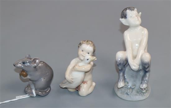 Three Royal Copenhagen figures, Mouse with nut, No. 344, Boy with duck, No. 2332 and Faun on a stump, No. 1738 tallest 9cm